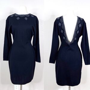 Vintage Black Beaded Wool Knit Sheath Cocktail Dress Small Vamp Low Open Back